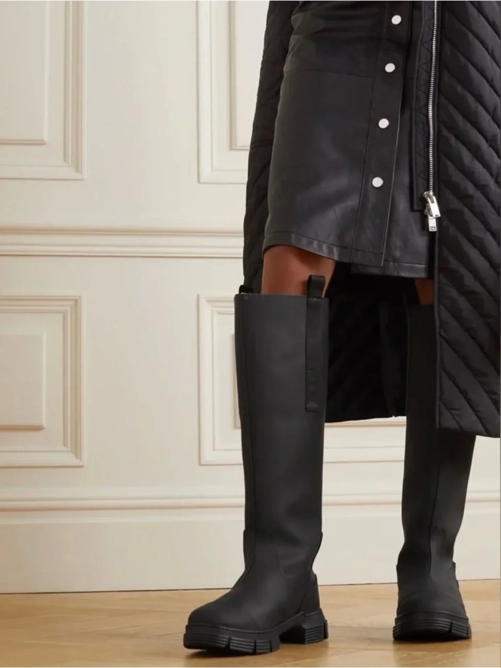 GANNI Fur Lined Rubber Knee High Black Boots 7